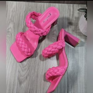 Neon HOT Pink Braided Square Toe Heels Women's Size 8.5/9